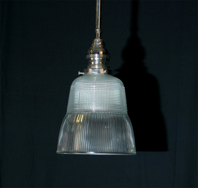 Bell Shaped Holophane Shade with Vintage Nickel Plated Fitter For Sale 4