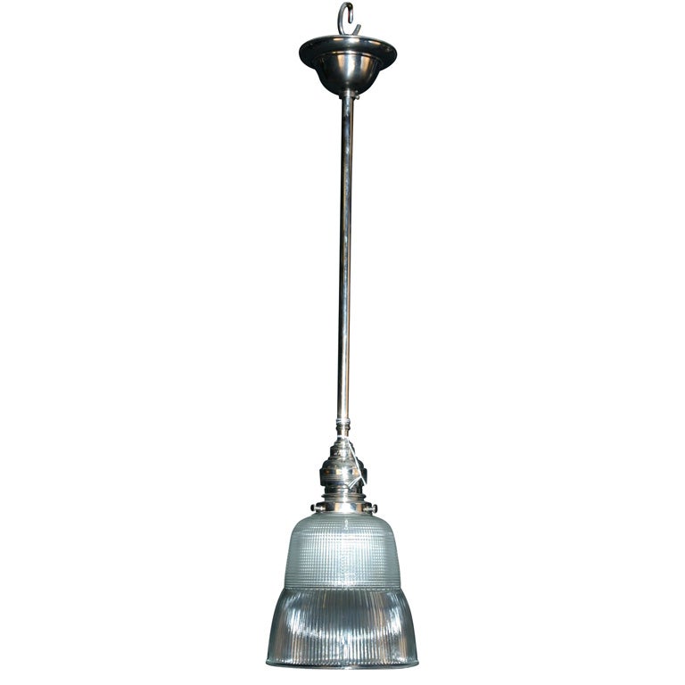 Bell Shaped Holophane Shade with Vintage Nickel Plated Fitter For Sale
