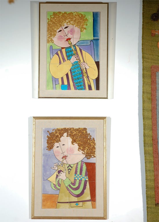 Pair of Painted and Framed Ceramic Tiles by Harris Strong