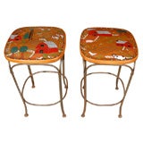 Vintage Pair of 1950's French Barstools in Original Printed Upholstery