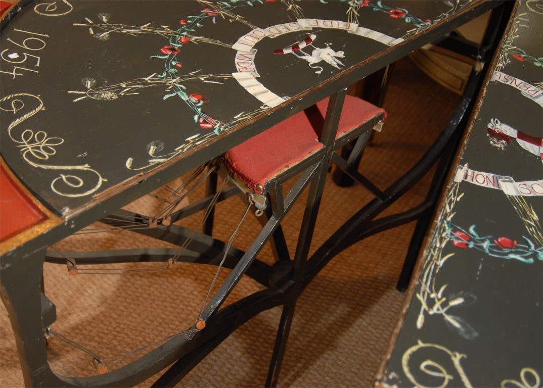 These Lace Maker's tables makes a very bold statement piece. Beautiful 19th-century table used by lacemakers in France. Each side of the top lifts up to reveal wires and bobbins, used to pull threads through. Newly hand-painted in the 20th century,