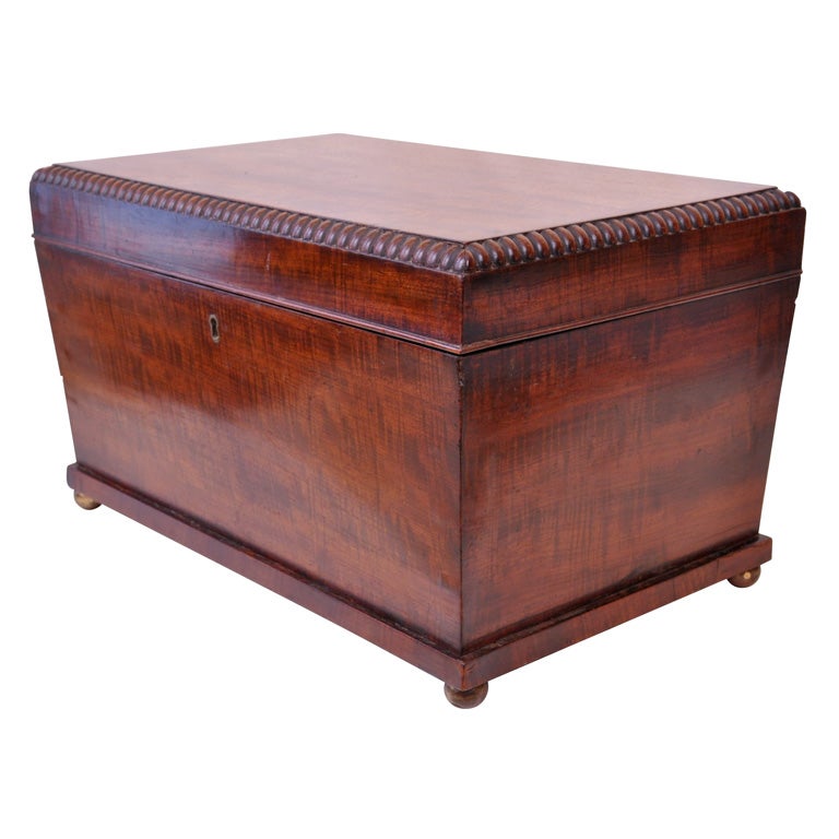  English Regency mahogany coffer style box.  The top has a carved gadroon border.   The box rests on brass bun feet.  The interior is lined with rose colored fabric.
Hand polished in our own workroom.