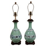 Pair of Decorated Celadon Vases as Lamps Antique Pair of Decorated Celadon Vases as Lamps