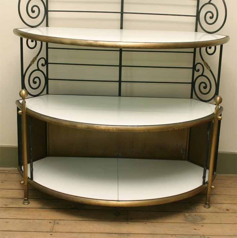 French Four-tier iron baker's rack with white glass shelves