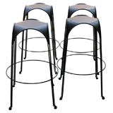 Vintage Set of four black steel and leather bar stools