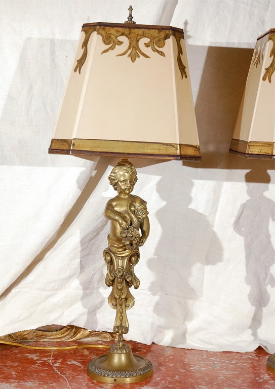 Pair of 19th C. Bronze Cherub Lamps