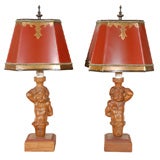 Pair of Petite 19th C. Carved Figural Lamps with Custom Shades