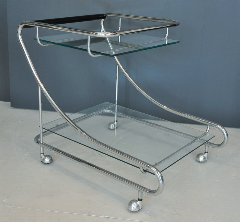 Period Bar Cart with two glass shelves and chrome capped casters. Possibly Italian.