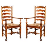 Antique Pair Ladder Back Rush Seated Arm Chairs