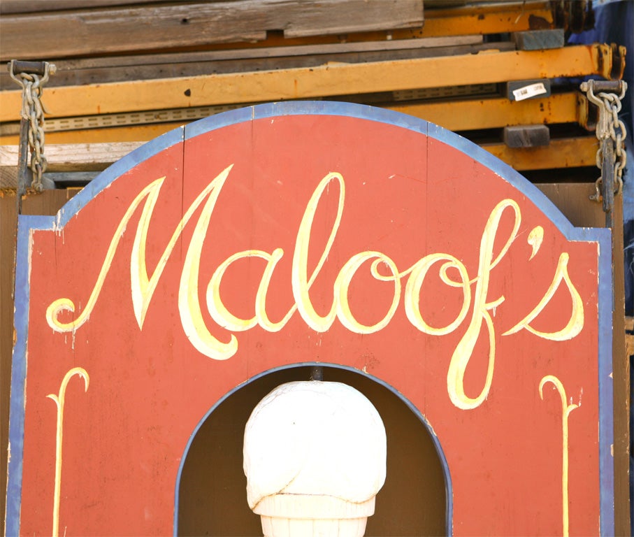This is the largest scoop of vanilla ice cream we have had the pleasure of seeing. This double sided wooden Maloof'sIce Cream Shop sign has carved, painted and gilded/gold leaf elements. The ice cream cone is 24