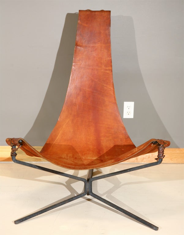 Sculptural leather and iron sling chair by Dan Wegner. Great California Design.