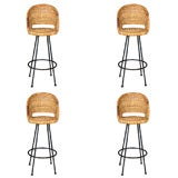 Vintage Four Rattan and Iron Swival Barstools