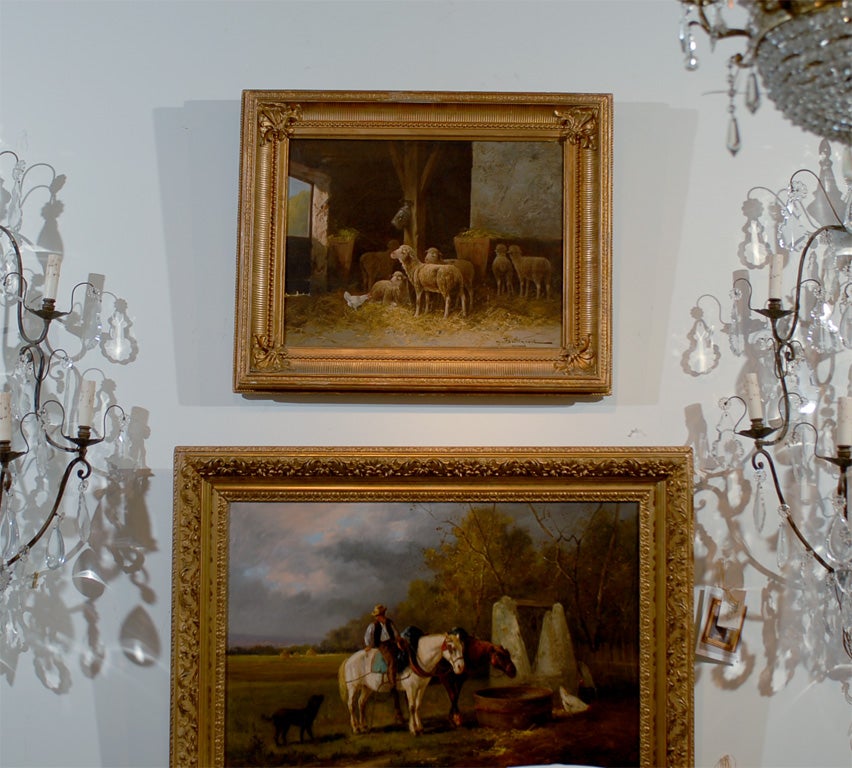 19th Century Framed Oil on Canvas of Sheep and Chicken in Barn