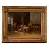 19th Century Framed Oil on Canvas of Sheep and Chicken in Barn