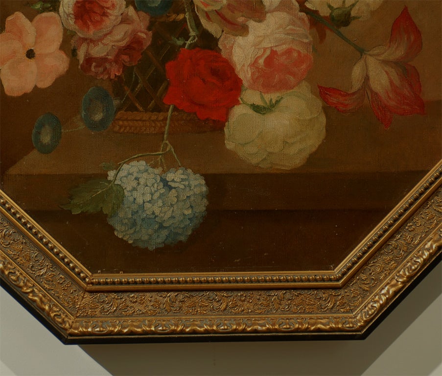 Gilt French Restauration Period 1820s Framed Octagonal Painting Depicting a Bouquet For Sale