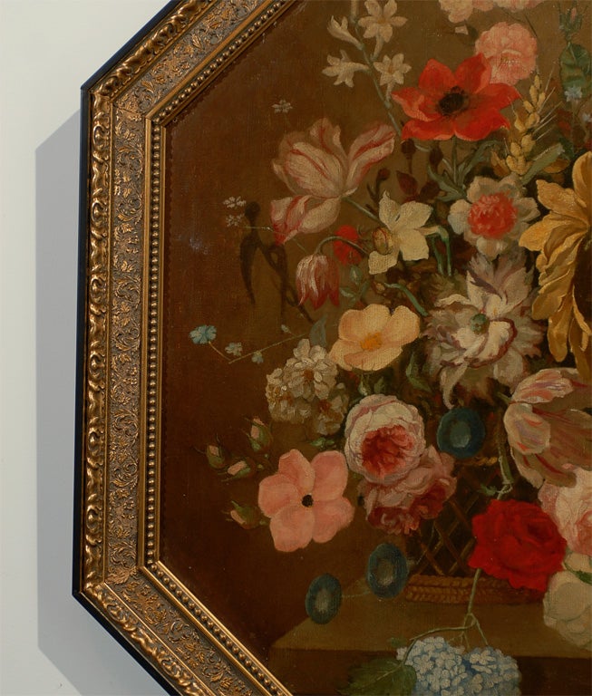 19th Century French Restauration Period 1820s Framed Octagonal Painting Depicting a Bouquet For Sale