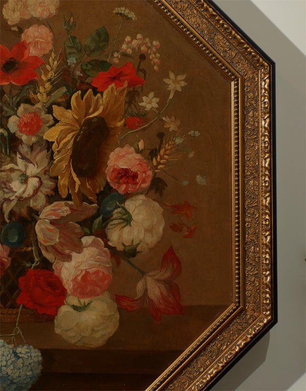 French Restauration Period 1820s Framed Octagonal Painting Depicting a Bouquet For Sale 1