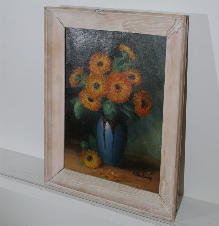 Oil Painting of Orange Flowers in Blue Vase