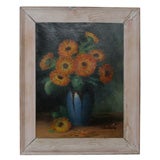Oil Painting of Orange Flowers in Blue Vase