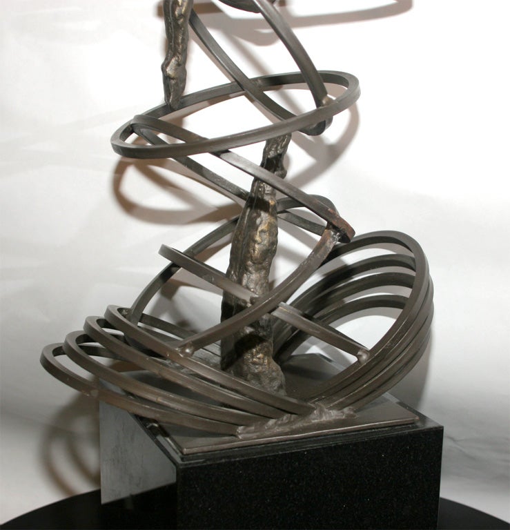 American A Modernist Bronze Sculpture Man Diving thru Hoops