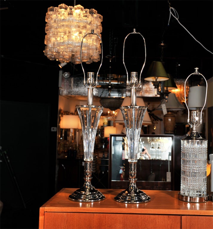 Pair of elongated crystal glass and nickel table lamps, newly wired and with new heavy duty socket.
