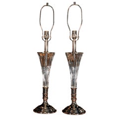 Pair of Elongated Nickel and Crystal Table Lamps