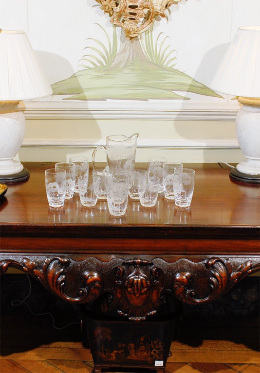 Etched Glass Pitcher and Set of GlassesSet of 6 small glasses-4”