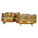 Used Pair of Pierced Brass Jardinieres with Paw Feet