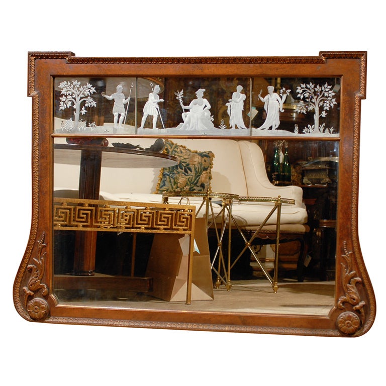 Early 20th century Georgian style over mantle mirror with etched panels.