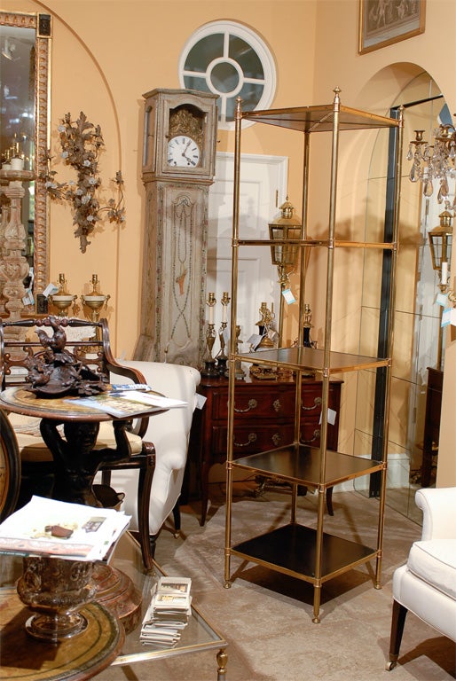 NEOCLASSICAL BRASS ETAGERE WITH BLACK SHELVES