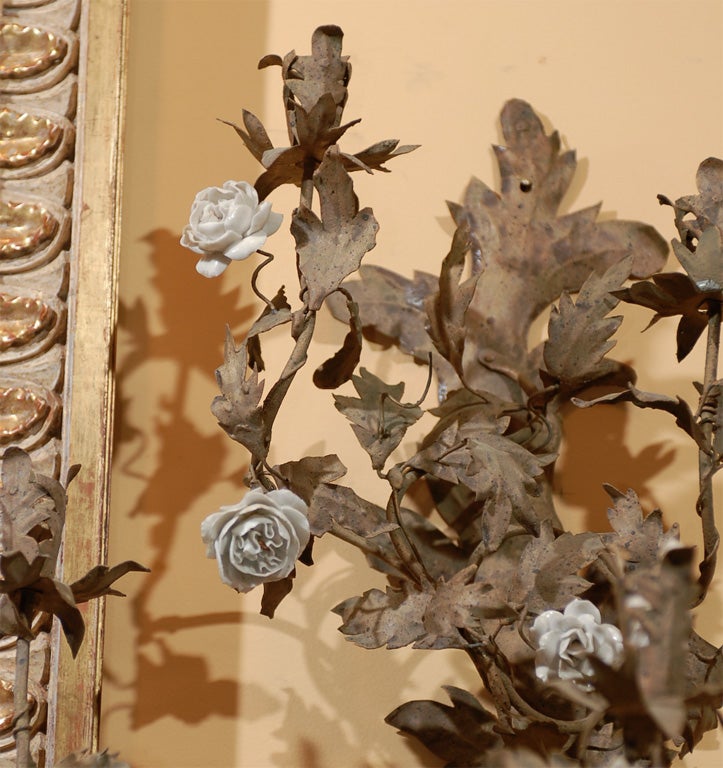 Pair of 20th Century French Tole Sconces with Porcelain Flowers 1