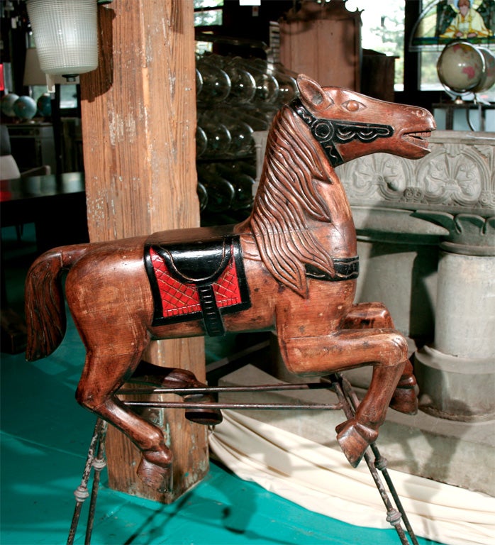 Folk Art Carved Wood Carousel Horse on Iron Stand