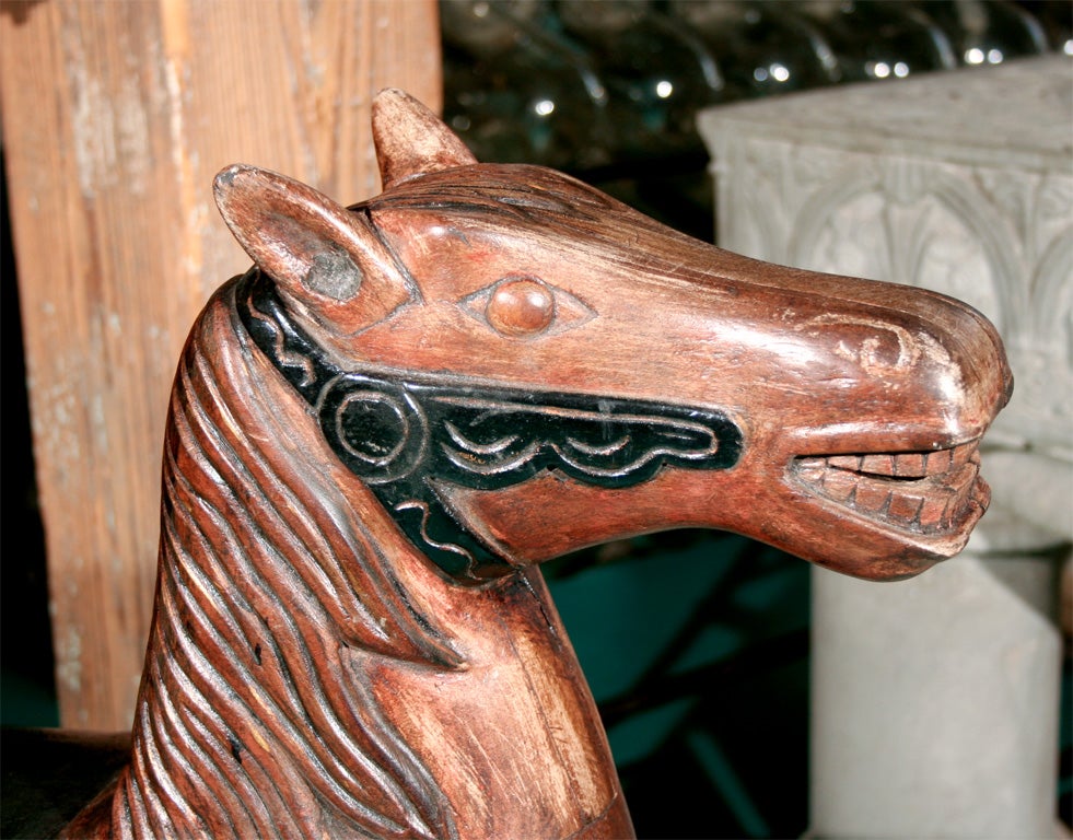 20th Century Carved Wood Carousel Horse on Iron Stand