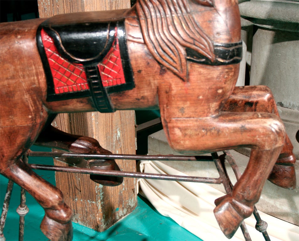 Carved Wood Carousel Horse on Iron Stand 1