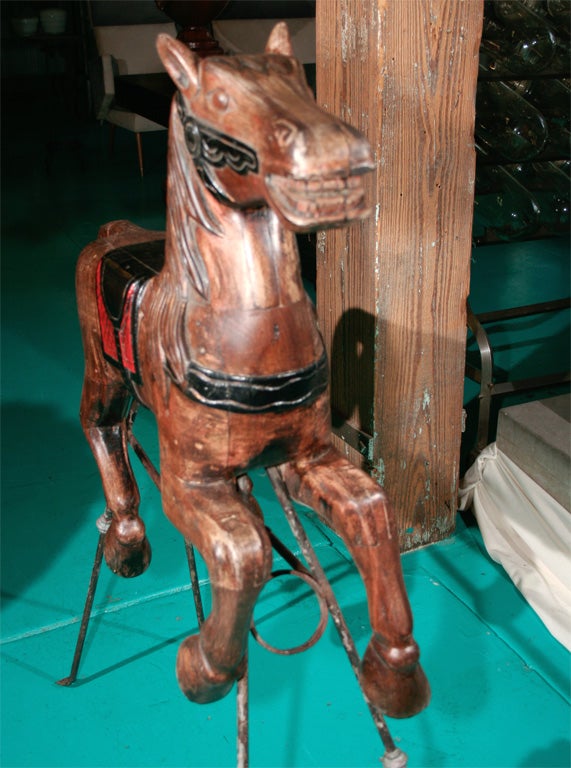 Carved Wood Carousel Horse on Iron Stand 6