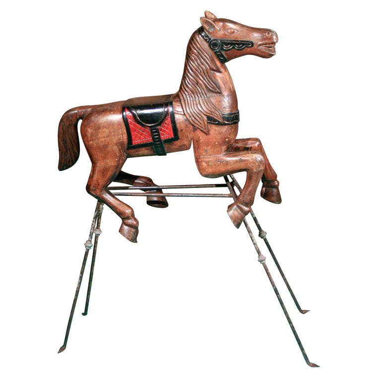 Carved Wood Carousel Horse on Iron Stand