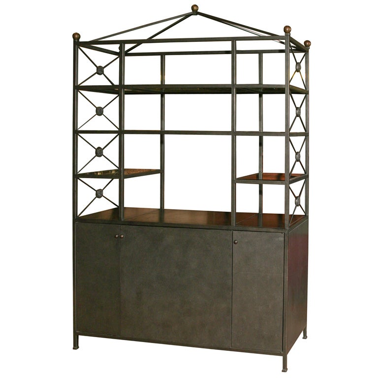 A Large Iron and Wood Etagere Cabinet