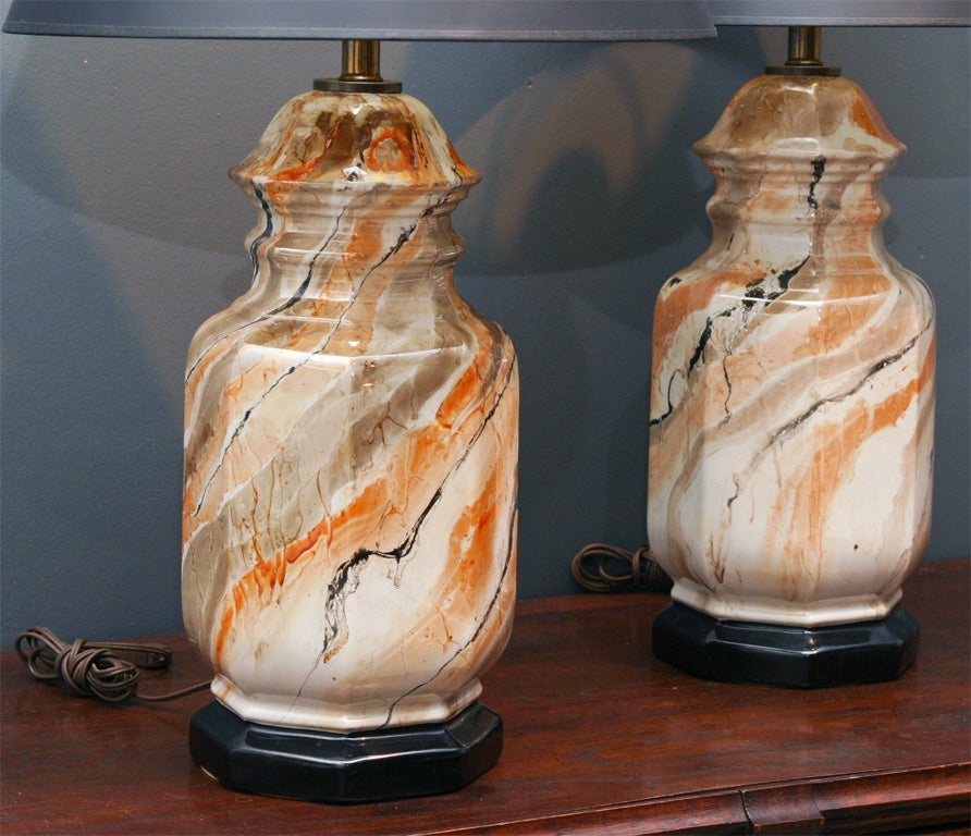 Late 20th Century Pair of Faux Marble Ceramic Lamps