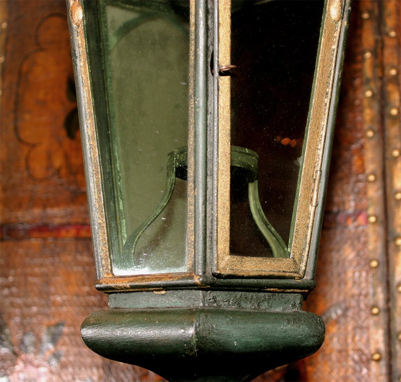 Gothic Revival French Painted Tole Hexagonal Lantern with Colored Glass Panes, circa 1880 For Sale