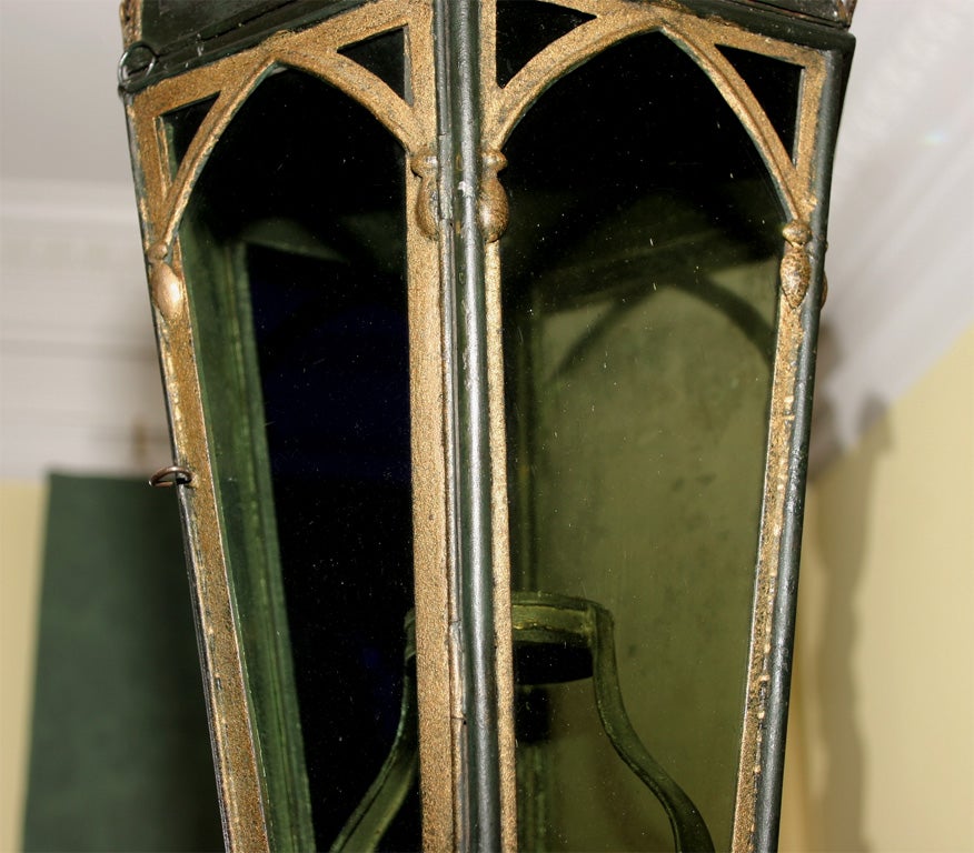 Gilt French Painted Tole Hexagonal Lantern with Colored Glass Panes, circa 1880 For Sale