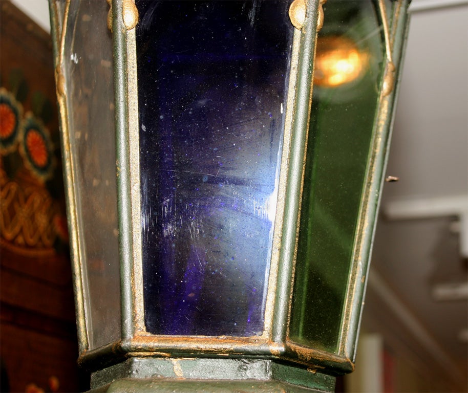 French Painted Tole Hexagonal Lantern with Colored Glass Panes, circa 1880 In Excellent Condition For Sale In New York, NY