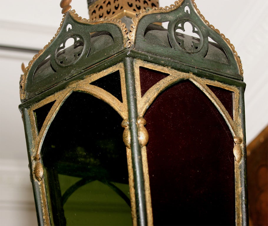Late 19th Century French Painted Tole Hexagonal Lantern with Colored Glass Panes, circa 1880 For Sale