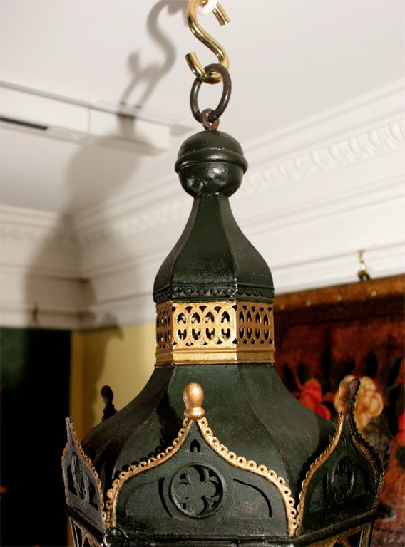 Tin French Painted Tole Hexagonal Lantern with Colored Glass Panes, circa 1880 For Sale