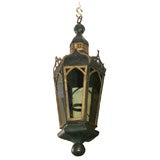 Antique French Painted Tole Hexagonal Lantern with Colored Glass Panes, circa 1880