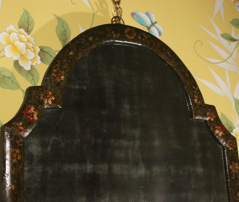 Rare antique Venetian shaped chinoiserie japanned green dressing mirror with polychrome figural decoration. <br />
c. 1700.  This mirror can be hung as shown or used on a table as a dressing mirror.<br />
<br />
Height: 20 3/4