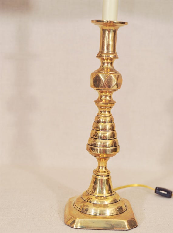 Pair Brass Beehive Candlestick Lamps, England, Late 19th Century