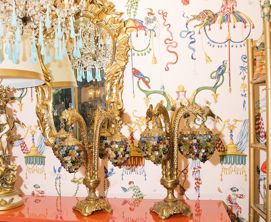 PAIR GARGOYLE LAMPS GLASS MARBLE SHADES