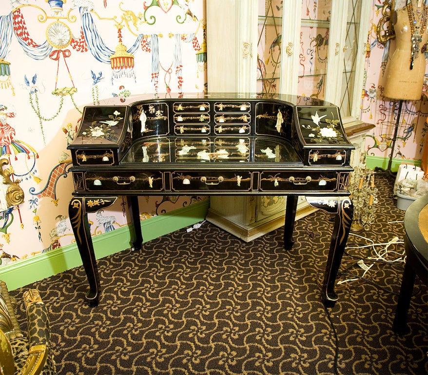 Inlaid mother of pearl,geishas,flowers,birds,bridges,gold accents..just gorgeous!Would also be fabulous as a vanity with a sink dropped in a bath room or powder room~<br />
For additional desks,chandeliers,cabinets,bars,bar