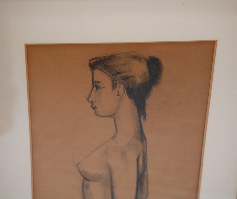 Johannes Hedgegaard charcoal drawing signed and dated 1950.  This drawing was exhibited at an important Royal Copenhagen exhibition in 1952.  He is best known for his ceramics of women. Rarely does an original drawing come up for sale. Comes with an