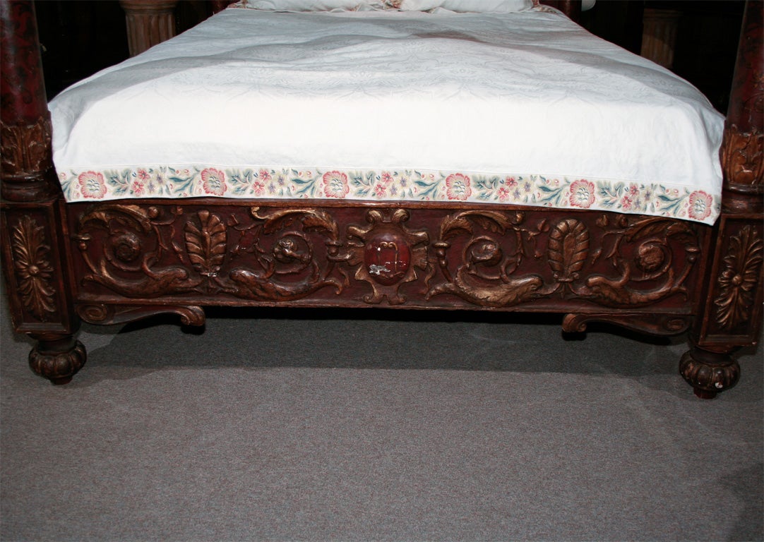 Pine Italian Carved Four Poster Bed For Sale